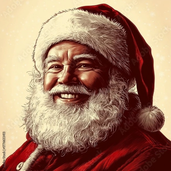 Obraz Vintage-style vector portrait of Santa Claus with traditional red suit, white beard, and warm smile. Retro line art illustration perfect for holiday greeting cards, festive marketing, Christmas