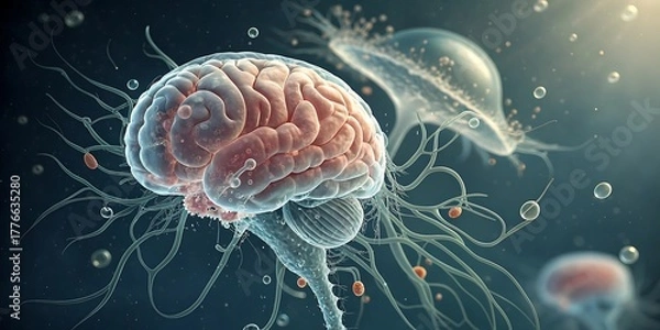 Fototapeta Detailed Human Brain with Neural Connections and Surrounding Microscopic Life neuroscience neurology