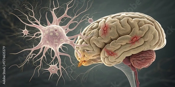 Obraz 3D illustration of human brain with neuron and lesions nerve cell synapse