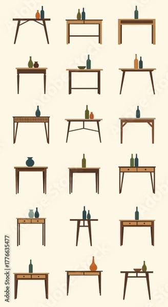 Fototapeta Various tables with bottles and vases are displayed.