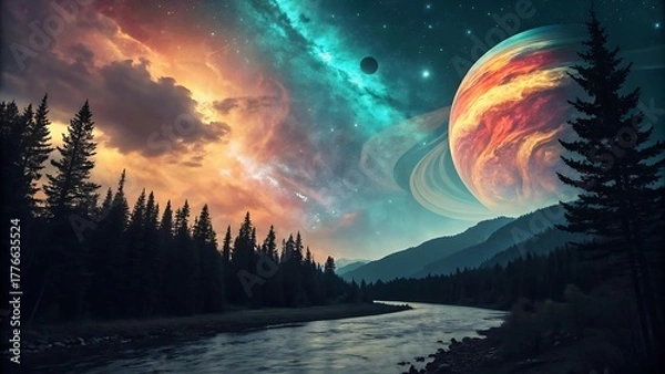 Obraz Cosmic nebula and ringed planet above a dark forest and river landscape space cosmos