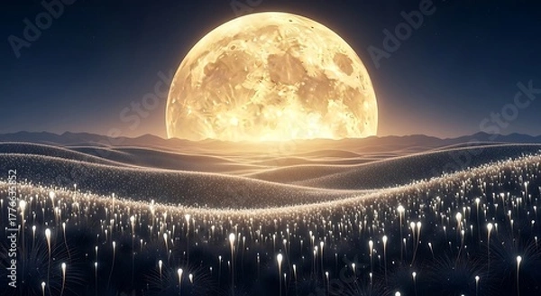 Obraz Vast desert landscape under a bright full moon with a field of glowing plants at night image photo
