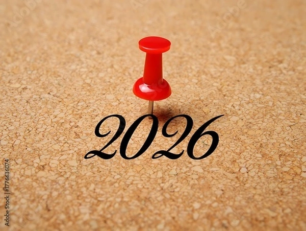 Fototapeta Red pushpin on a corkboard with the year 2026 in cursive font Keywords: 2026, year, future, marking, pin, pushpin, thumbtack, red, sharp, point, metal, office supply, stationery, corkboard
