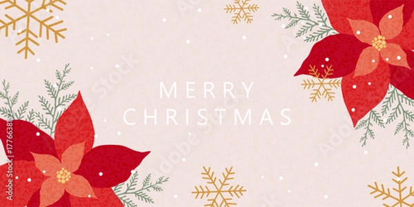 Fototapeta Christmas greeting banner, card, poster, cover. Vector Christmas design with hand-drawn red poinsettia flowers and fir branches.