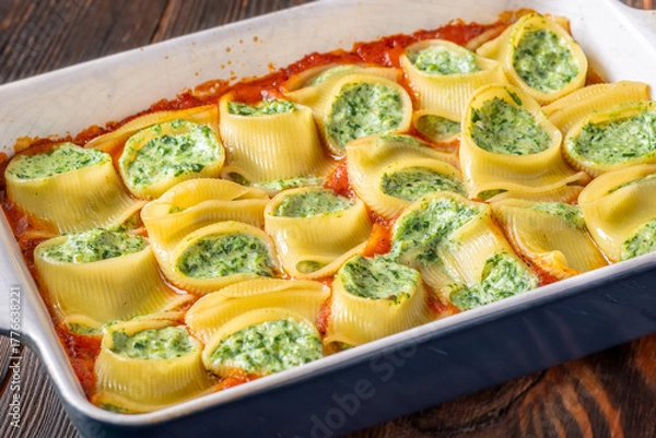 Fototapeta Golden baked lumaconi filled with ricotta and spinach resting in rich tomato sauce