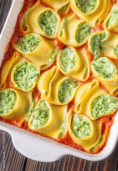Fototapeta Golden baked lumaconi filled with ricotta and spinach resting in rich tomato sauce