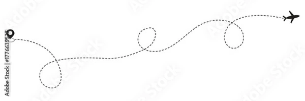 Fototapeta Airplane travel route dotted line. Aircraft tracking, planes, travel, map pins, location pins, start point line trace and plane routes, flight path concept design. Eps 10.