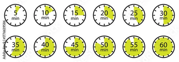 Fototapeta Timer or stopwatch icons collection. Set of stopwatch icons from 5 to 60 minute. Countdown for kitchen, cooking, sports, speed, deadline use. Vector illustration.