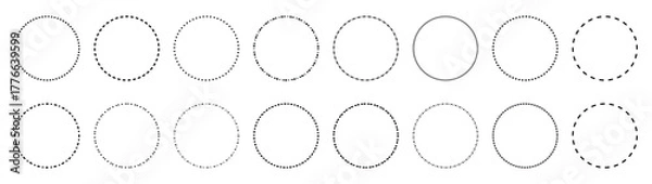 Fototapeta Dotted line circle set.  Set of border line circle frame  with dot or dashed lines. Hand drawn on white background. 