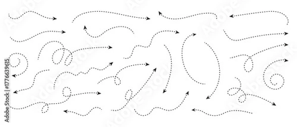 Fototapeta Curved dotted line arrow set. Rise and fall change plan. Whimsical hand-drawn direction lines set with swirls and loops for navigation, infographic design. 
