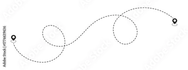 Fototapeta Route dotted line location icon. Two pin sign and dotted line road, start and end journey symbol. Dot line path route travel vector with location map. 