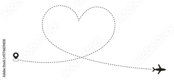 Fototapeta Airplane flying heart route. Romantic travel, heart dashed line trace and plane routes. Airplane flying with heart shaped trail plane symbol with dotted line route. Love travel concept. 