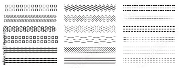 Fototapeta Simple geometric line set. Set of borders minimal decorative dividers and border patterns with dashed zigzag wavy, rectangle and diamond shapes for border and page decoration linear.   