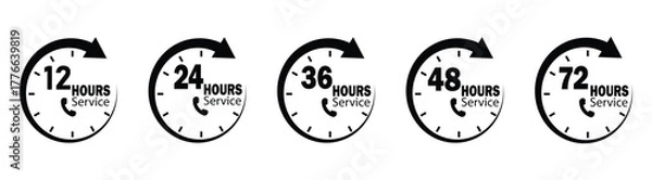 Fototapeta Hour timer icon set. Set of 12, 24, 36,48 and 72 hour clocks with arrows. Security protection, work time, delivery and service time. 