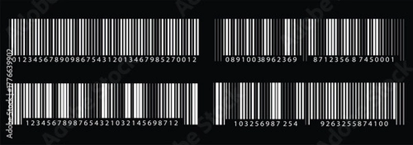 Fototapeta Barcode icon set.  Universal barcode for scanning product or item. Simple fake bar code, barcode scratched vector illustration , barcode icon for selling,   Trendy bar code for web icon in eps 10. 