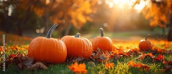 Fototapeta Photo of a group of vibrant orange pumpkins sits on a grassy lawn scattered with fallen autumn leaves, bathed in the warm, golden glow of the setting sun, creating a picturesque fall scene.