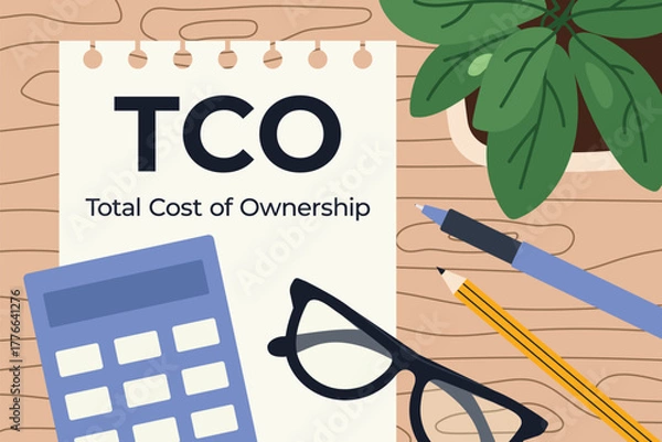 Fototapeta TCO Total Cost of Ownership concept; business and finance idea showing calculation of full investment cost, expenses, and long-term value- vector illustration