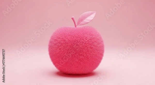 Fototapeta A stylized, fluffy pink apple is centered against a soft pink background. The apple has a textured, fuzzy surface and features a small, smooth leaf on top, also in a lighter shade of pink. The overall