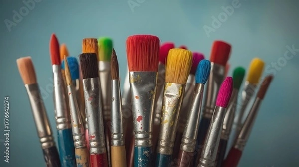 Fototapeta Paintbrushes , paintbrushes with traces of dried paint
