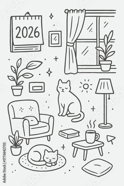 Obraz Cozy Home Cat Scene 2026 – Hand Drawn Vector Set of Warm Interior Moments