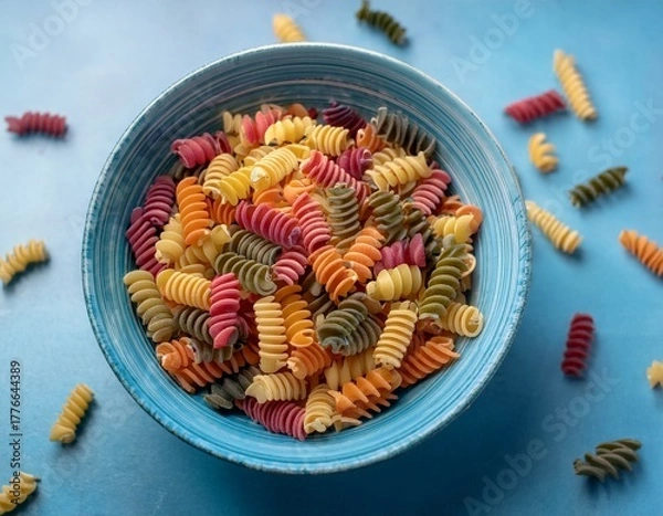 Obraz colorful pasta shapes in a light blue bowl showcasing a variety of twisted and spiral designs perfect for culinary presentations and food styling concepts