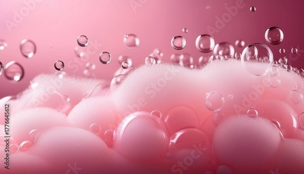 Obraz close up view of soft pink foam surface with transparent water droplets suspended in the air creating a serene and refreshing atmosphere for design and creative projects