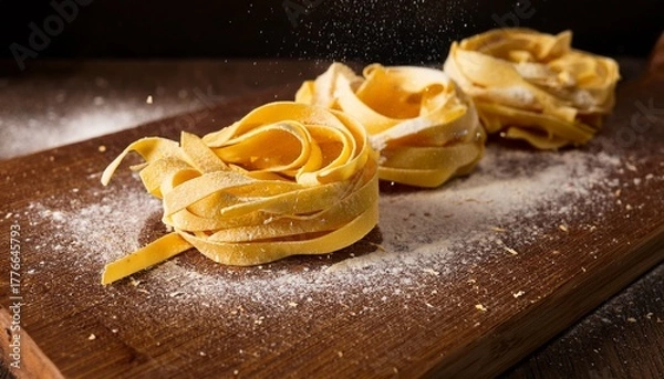 Obraz fresh homemade pappardelle pasta is sprinkled with flour on wooden board ready to be cooked