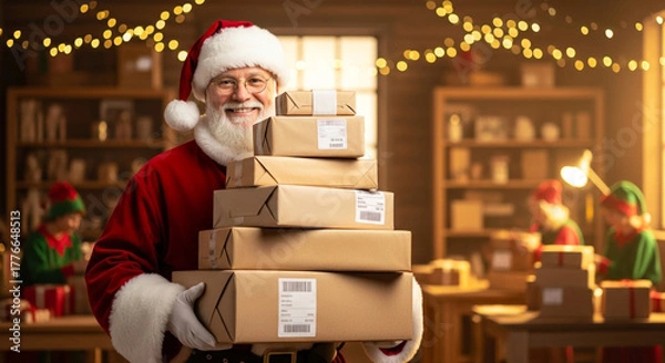 Obraz Santa receiving online order packages in workshop with elves, holiday gift distribution