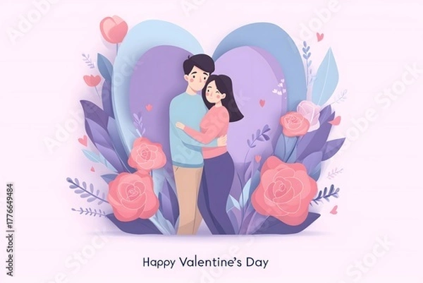 Obraz Romantic Couple Embracing Surrounded by Flowers for Valentine's Day