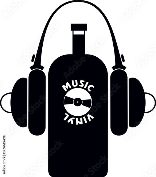 Fototapeta Drink and listen. Bottle of wine with headphones