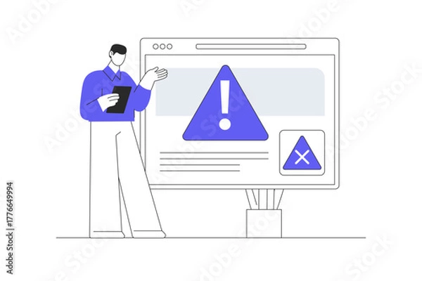 Obraz Navigating Digital Roadblocks. A Comprehensive Guide to Understanding and Resolving Website Errors and Issues. Flat Cartoon Vector Illustration, icon Stylish abstract design landing page web