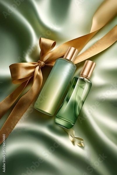 Fototapeta Elegant Bottles of Fragrance on Green Satin with Golden Ribbon