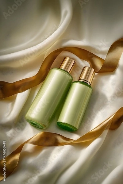Fototapeta Elegant Green Bottles on Luxurious Satin Fabric with Ribbon