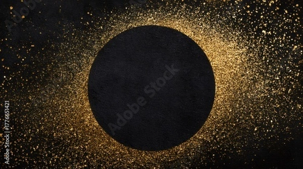 Fototapeta Black circle with gold glitter dust background. Elegant and festive template for banner, greeting card, or social media post design.