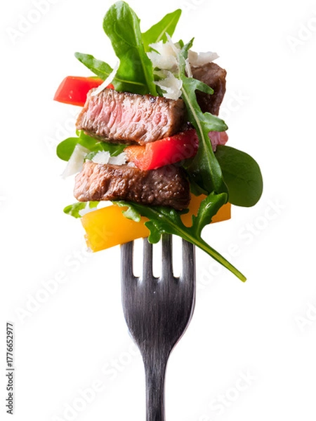 Fototapeta Juicy grilled kebab with vegetables on fork isolated on transparent background, perfect for food and restaurant compositions..