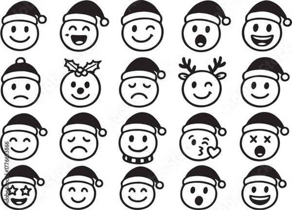 Obraz hand drawn christmas doodle emoticon set - 20 festive chalk style faces on white background