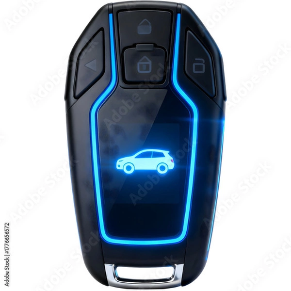 Fototapeta Digital smart car key fob featuring a vibrant blue glowing outline and a prominent car silhouette, emphasizing contemporary vehicle entry systems with advanced security technology