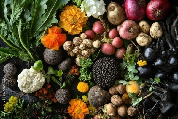 Obraz A selection of vegetables “from farm to table” – fresh heirloom vegetables and exquisite truffles