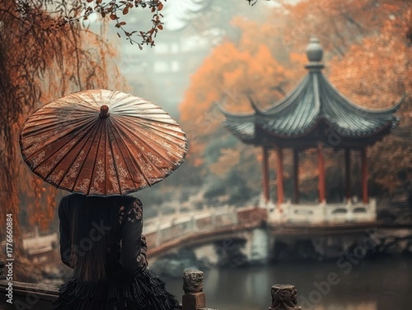 Fototapeta A Chines sunshade and architecture of pagoda building.
