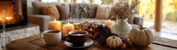 Obraz Coffee and sweet pastry on a white table with incense sticks and a candle for a delicious morning breakfast.