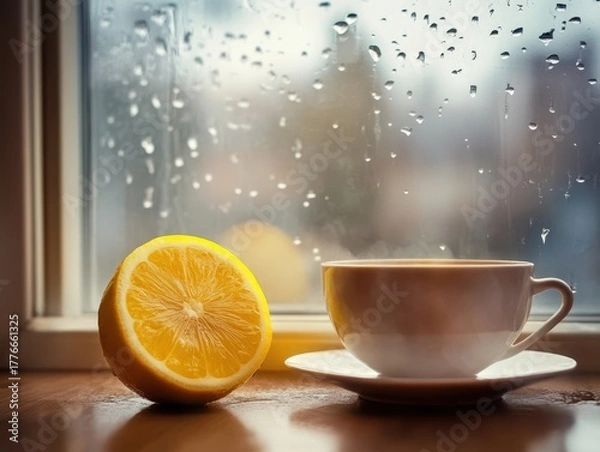 Fototapeta An sliced orange and cup of tea on the side at the window.