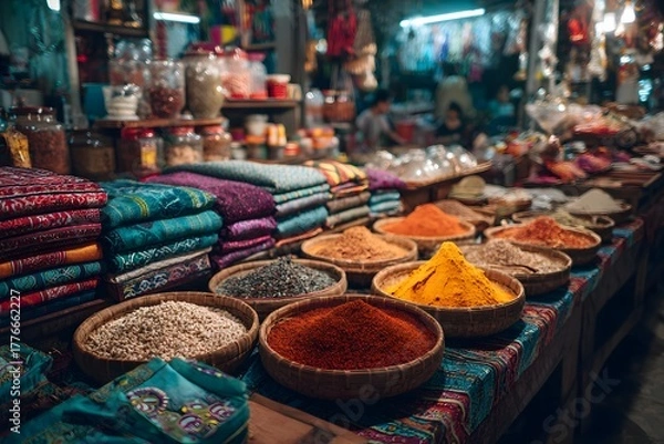 Fototapeta Exotic market stall with colorful spices herbs and fabrics in Southeast Asia