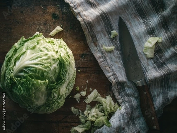 Fototapeta A cabbage on the wooden table with a knife on the side.
