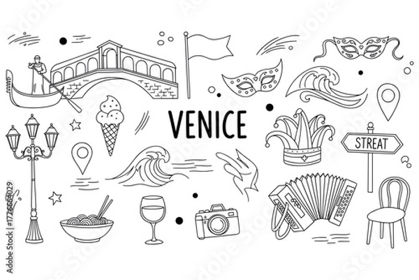Fototapeta Venice doodles: gondola, rialto bridge, carnival masks, waves, and italian icons in black and white