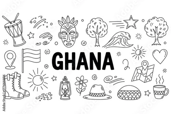 Fototapeta Ghana doodles: drum, mask, trees, flag, and cultural icons in black and white