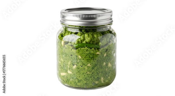 Obraz Jar of fresh pesto sauce isolated on transparent background, a vibrant condiment