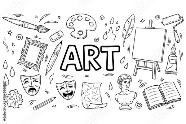 Fototapeta Art tools and symbols concept with easel, palette, masks, and feather pen