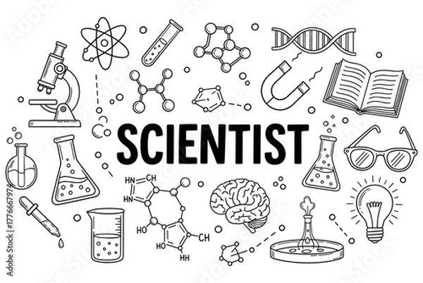 Fototapeta Science icons collection: lab equipment, molecules, and scientific symbols surrounding scientist text
