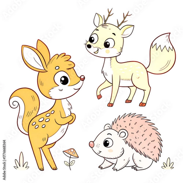 Fototapeta Cute set of funny cartoon farm animals vector illustration including a bunny, donkey, and fox