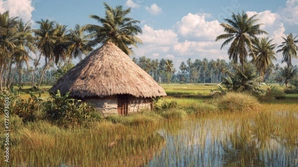 Fototapeta Tranquil rural scene featuring thatched cottage beside rice field with lush greenery and palm trees under blue sky with fluffy clouds